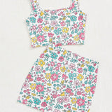 WYWH Conjunto De Dos Piezas Para Vacaciones Con Blusa Corta Con Estampado Floral Y Falda Ajustada Con Abertura Alta