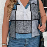 Chaleco Casual Sin Mangas Con Cuello Alto De Mujer En a Grande Y Diseno De Patchwork Y Estampado