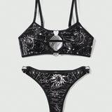 ROMWE Goth Conjunto De Brasier Y Braguitas Con Estampado De Sol, Luna, Estrellas Y Corazones Para Mujer