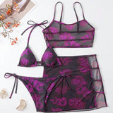 Swim Conjunto De Traje De Bano De Dos Piezas Para Mujer Con Estampado De Dragon, Taza Triangular, Espalda En T, Lazo Lateral, 4 Piezas