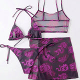 Swim Conjunto De Traje De Bano De Dos Piezas Para Mujer Con Estampado De Dragon, Taza Triangular, Espalda En T, Lazo Lateral, 4 Piezas