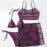 Swim Conjunto De Traje De Bano De Dos Piezas Para Mujer Con Estampado De Dragon, Taza Triangular, Espalda En T, Lazo Lateral, 4 Piezas