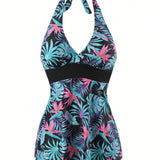 Swim Vcay Conjunto De Bikini Tipo Tankini Estampado Con Plantas Tropicales Y Cuello Halter Para Mujeres En El Carnaval