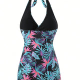 Swim Vcay Conjunto De Bikini Tipo Tankini Estampado Con Plantas Tropicales Y Cuello Halter Para Mujeres En El Carnaval