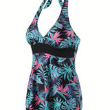 Swim Vcay Conjunto De Bikini Tipo Tankini Estampado Con Plantas Tropicales Y Cuello Halter Para Mujeres En El Carnaval