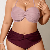 Swim Curve Traje De Bano Separado Para Mujeres De Talla Grande Con Cuello Halter Y Delantera Retorcida Con Bloque De Color Para San Valentin