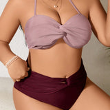 Swim Curve Traje De Bano Separado Para Mujeres De Talla Grande Con Cuello Halter Y Delantera Retorcida Con Bloque De Color Para San Valentin