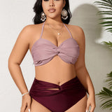 Swim Curve Traje De Bano Separado Para Mujeres De Talla Grande Con Cuello Halter Y Delantera Retorcida Con Bloque De Color Para San Valentin