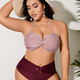 Swim Curve Traje De Bano Separado Para Mujeres De Talla Grande Con Cuello Halter Y Delantera Retorcida Con Bloque De Color Para San Valentin