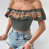 Prive Blusa Ajustada Con Hombros Descubiertos Bordada Con Flores Y Ribete De Volantes