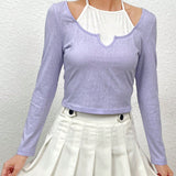 Qutie Camiseta Para Mujer Con Cuello Halter Y Bloque De Color, Con Corbata Frontal 2 En 1