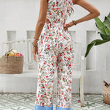 VCAY Summer Women's Flower Print Hollow Out Halter Neck Jumpsuit With Cutout Waist Detail