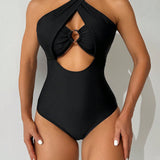 Swim Traje De Bano De Una Sola Pieza Para Mujeres Con Huecos Y Decoracion De Anillo Redondo