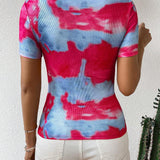 Camiseta De Manga Corta Acanalada Con Estampado Tie Dye Para Mujeres