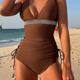 Swim Vcay Conjunto de Tankini tejido para mujer con detalles de trabajo en parches Banador para playa en verano