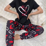 Conjunto De Pijama De Pantalones Y Camiseta De Manga Corta Con Estampado De Corazones