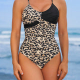 Swim Traje De Bano De Una Sola Pieza Para Mujer Con Estampado De Leopardo Y Tirantes Finos.