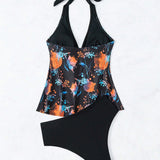 Swim Lushore Conjunto de tankini para mujer con estampado de hojas y cuello halter