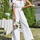 VCAY Solid Color Ruffle Trim Vacation Jumpsuit For Women