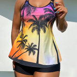 Swim Lushore Conjunto de tankini con estampado de arbol de coco de top sin mangas y shorts para el Carnaval