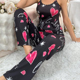 Conjunto De Pijama De Cami Y Pantalon Con Patron De Corazon, Letra Y Diamantes De Imitacion