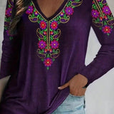 Plus Size Women's Paisley Printed Long Sleeve T-Shirt