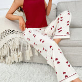 Conjunto De Pijama De Top Tipo Cami De Color Solido Para Mujer Y Pantalones Con Estampado De Corazon