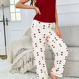 Conjunto De Pijama De Top Tipo Cami De Color Solido Para Mujer Y Pantalones Con Estampado De Corazon