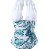 Swim Traje De Bano De Una Pieza Con Estampado Tropical Y Corte, Con Cuello Halter