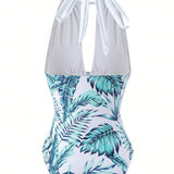 Swim Traje De Bano De Una Pieza Con Estampado Tropical Y Corte, Con Cuello Halter