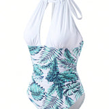 Swim Traje De Bano De Una Pieza Con Estampado Tropical Y Corte, Con Cuello Halter