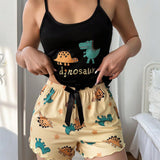 Conjunto De Ropa De Dormir Con Top De Tirantes Y Pantalones Cortos Con Estampado De Dinosaurio