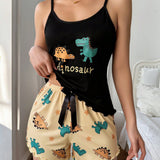 Conjunto De Ropa De Dormir Con Top De Tirantes Y Pantalones Cortos Con Estampado De Dinosaurio