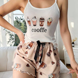 Conjunto De Pijama De CamiConjuntoa De Manga Corta Y Pantalon Corto Con Estampado De Taza De Te De Leche Animado