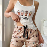 Conjunto De Pijama De CamiConjuntoa De Manga Corta Y Pantalon Corto Con Estampado De Taza De Te De Leche Animado