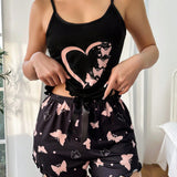 Conjunto De Pijama Con Cami Top Y Shorts Con Estampado De Corazones Y Mariposas