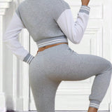 EZwear Conjunto De Chaqueta Corta De Bloques De Color Para Mujer Con Pantalones Deportivos De Color Solido
