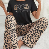 Conjunto De Pijama De Pantalon Con Estampado De Leopardo Y CamiConjuntoa De Manga Corta Con Eslogan