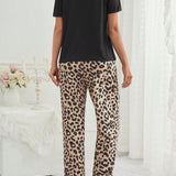 Conjunto De Pijama De Pantalon Con Estampado De Leopardo Y CamiConjuntoa De Manga Corta Con Eslogan