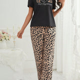 Conjunto De Pijama De Pantalon Con Estampado De Leopardo Y Camiseta De Manga Corta Con Eslogan