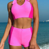 Swim SPRTY Conjunto De Traje De Bano De Mujer Con Top Corto De Cuello Halter Y Shorts Para El Dia De San Valentin