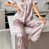 Conjunto De Pijama Para Mujer Con Blusa De Manga Corta Y Pantalones En Estampado Floral Y Cuello De Parches, Hecho De Seda Sintetica