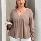 Essnce Women's Plus Size V-Neck Long Sleeve Waffle Knit T-Shirt, Spring