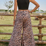 LUNE Top Corto Sin Mangas Tejido Y Pantalones De Pierna Ancha Con Estampado De Leopardo, Conjunto Casual De 2 Piezas