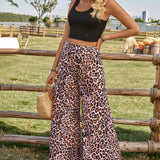 LUNE Top Corto Sin Mangas Tejido Y Pantalones De Pierna Ancha Con Estampado De Leopardo, Conjunto Casual De 2 Piezas