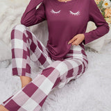 Conjunto De Ropa De Dormir Para Damas Con Blusa Estampada De Patron De Pestanas Y Pantalones A Cuadros