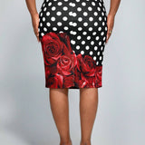 Lady Plus Size Floral And Polka Dot Print High-Waisted Skirt