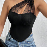 Prive Top Ajustado De Hombro Oblicuo De Encaje Transparente Para Mujer