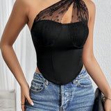 Prive Top Ajustado De Hombro Oblicuo De Encaje Transparente Para Mujer