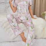 Conjunto De Pijama Para Mujer, Con Manga Corta Y Pantalon Con Patron De Conejo